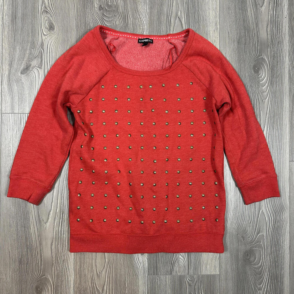 Express Red 3/4 Sleeve Round Neck Sweatshirt with Gold Stud Details